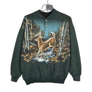 Vintag Art Unlimit Crewneck Mens Large Deer 90s All Over Print Henley USA Green